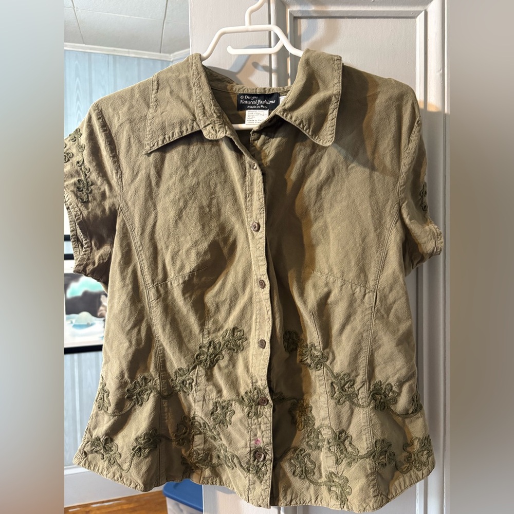 Olive Green Button-Up Shirt with Floral Embroidery